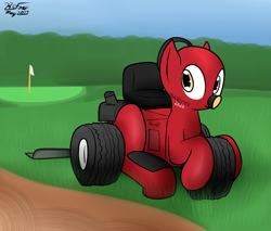 Size: 1329x1132 | Tagged: safe, artist:the-furry-railfan, oc, oc only, oc:geoff the sand pro, badumsquish approved, flag, golf course, grass, object pony, original species, ponified, sand, solo, wheelpone