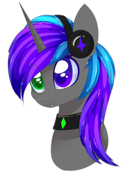 Size: 1636x2045 | Tagged: safe, artist:little-sketches, oc, oc only, species:pony, species:unicorn, bust, eye clipping through hair, female, headphones, heterochromia, mare, portrait, simple background, solo, transparent background
