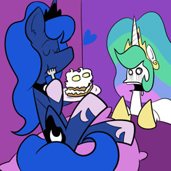 Size: 2400x2400 | Tagged: safe, artist:pembroke, character:princess celestia, character:princess luna, species:alicorn, species:pony, cake, cakelestia, celestia is not amused, duo, eating, eyes closed, food, fork, open mouth, royal sisters, sitting, stickluna, thiklestia, this will end in pain, this will end in tears and/or a journey to the moon