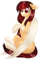 Size: 1024x1486 | Tagged: safe, artist:little-sketches, oc, oc only, oc:yeri, species:pegasus, species:pony, colored pupils, colored wings, eye clipping through hair, female, floppy ears, mare, simple background, sitting, solo, transparent background