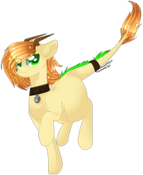 Size: 2069x2520 | Tagged: safe, artist:little-sketches, oc, oc only, oc:polonium, species:pony, :t, collar, colored pupils, element pony, eye clipping through hair, high res, horns, male, object pony, original species, ponified, radioactive, raised hoof, simple background, solo, stallion, transparent background