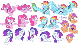 Size: 1439x835 | Tagged: safe, artist:jowyb, character:pinkie pie, character:rainbow dash, character:rarity, character:scootaloo, species:pegasus, species:pony, faec, silly, silly face, silly pony, sketch, sketch dump