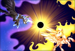 Size: 4800x3255 | Tagged: safe, artist:scarlet-spectrum, character:daybreaker, character:nightmare moon, character:princess celestia, character:princess luna, species:alicorn, species:pony, episode:a royal problem, g4, my little pony: friendship is magic, absurd resolution, duo, eclipse, evil, female, fight, helmet, magic, mane of fire, mare, royal sisters, sisters