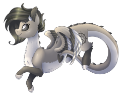 Size: 3548x2748 | Tagged: safe, artist:scarlet-spectrum, oc, oc only, oc:hiccy, species:draconequus, species:pony, black sclera, feathered wings, female, gift art, pawed front legs, paws, simple background, smiling, solo, transparent background, white iris, white pupil, wings