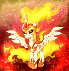 Size: 980x1000 | Tagged: safe, artist:joakaha, character:daybreaker, character:princess celestia, species:alicorn, species:pony, episode:a royal problem, g4, my little pony: friendship is magic, armor, evil, female, fire, looking at you, mare, signature, solo