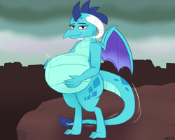 Size: 2000x1600 | Tagged: safe, artist:theimmortalwolf, character:princess ember, species:dragon, belly, big belly, dragon lord ember, dragoness, female, hand on belly, moma ember, pregnant, smiling, solo, wings