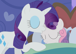 Size: 3546x2550 | Tagged: safe, artist:porygon2z, character:rarity, character:sweetie belle, species:pony, species:unicorn, bed, duo, female, forehead kiss, good night, goodnight, goodnight kiss, kissing, mare, platonic kiss, precious, scrunchy face, sisterly love, sisters, vector