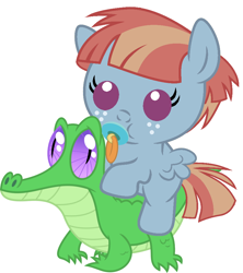 Size: 836x942 | Tagged: safe, artist:red4567, character:gummy, character:windy whistles, species:pony, baby, baby pony, cute, pacifier, ponies riding gators, riding, simple background, white background, windybetes