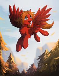 Size: 986x1280 | Tagged: safe, artist:hioshiru, oc, oc only, oc:mile high, species:pegasus, species:pony, flying, male, mountain, sky, solo, stallion, tree, ych result