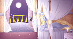 Size: 4800x2579 | Tagged: safe, artist:scarlet-spectrum, oc, oc only, species:pony, species:unicorn, absurd resolution, balcony, bedroom, commission, female, full moon, glowing horn, magic, mare, moon, night, prone, rapier, smiling, solo, sword, weapon