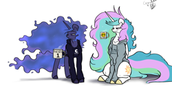 Size: 1280x640 | Tagged: safe, artist:greyscaleart, character:princess celestia, character:princess luna, species:alicorn, species:pony, g4, bed mane, clothing, coffee, coffee mug, colored hooves, hoodie, hooves, lidded eyes, magic, messy mane, missing accessory, morning ponies, mug, royal sisters, simple background, sitting, telekinesis, three quarter view, tired, white background