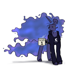 Size: 1079x1000 | Tagged: safe, artist:greyscaleart, character:princess luna, species:alicorn, species:pony, clothing, coffee, coffee mug, colored hooves, female, hoodie, hooves, lidded eyes, magic, mare, messy mane, missing accessory, morning ponies, mug, one, simple background, solo, telekinesis, tired, white background