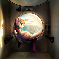 Size: 1000x1000 | Tagged: safe, artist:hioshiru, character:twilight sparkle, character:twilight sparkle (alicorn), species:alicorn, species:pony, boat, chest fluff, comfy, cruise ship, female, irl, looking away, mare, ocean, on back, photo, ponies in real life, porthole, ship, smiling, solo, window