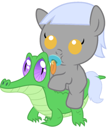Size: 786x917 | Tagged: safe, artist:red4567, character:caesar, character:gummy, species:pony, baby, baby pony, cute, pacifier, ponies riding gators, riding, simple background, white background