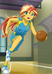 Size: 551x793 | Tagged: safe, artist:uotapo, edit, character:sunset shimmer, my little pony:equestria girls, armpits, ball is life, basketball, basketball court, canterlot high, clothing, cropped, cute, female, gym, jersey, ponytail, shoes, smiling, sneakers, socks, solo, sports shorts, sunset helper, tennis shoes, wondercolts