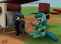 Size: 2269x1637 | Tagged: safe, artist:the-furry-railfan, oc, oc only, oc:linework, oc:night strike, species:pony, aircraft, dirt road, female, flying machine, grass field, grenade launcher, m79, outdoors, plane, sitting, story included, this will end in balloons