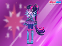 Size: 800x600 | Tagged: safe, artist:user15432, character:twilight sparkle, character:twilight sparkle (alicorn), character:twilight sparkle (scitwi), species:eqg human, species:human, equestria girls:legend of everfree, g4, my little pony: equestria girls, my little pony:equestria girls, boots, crystal guardian, crystal wings, cutie mark, female, glasses, high heel boots, humanized, looking at you, ponied up, ponytail, purple background, scitwilicorn, solo, sparkles, starsue, super ponied up, winged humanization, wings