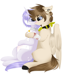 Size: 1024x1195 | Tagged: safe, artist:little-sketches, oc, oc only, oc:harry stephen, oc:hurrem, species:pegasus, species:pony, species:unicorn, art trade, bandage, bandana, blood, blood stains, collar, couple, cute, ear piercing, female, fluffy, hoof on belly, looking back, male, oc x oc, piercing, pregnant, shipping, simple background, sitting, straight, transparent background, weapons-grade cute