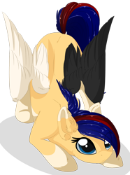Size: 1024x1380 | Tagged: safe, artist:little-sketches, oc, oc only, oc:amane, parent:oc:kurai chinmoku, parent:oc:yeri, parents:oc x oc, species:pegasus, species:pony, colored wings, cute, female, imminent pounce, mare, multicolored wings, ocbetes, offspring, simple background, smiling, solo, transparent background