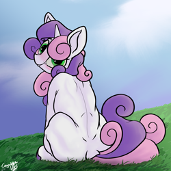 Size: 1280x1280 | Tagged: safe, artist:greyscaleart, character:sweetie belle, species:pony, species:unicorn, blushing, female, looking at you, looking back, looking back at you, mare, older, older sweetie belle, sitting, smiling, solo