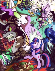 Size: 2060x2684 | Tagged: safe, artist:jowyb, character:king sombra, character:princess celestia, character:princess luna, character:twilight sparkle, spoiler:s03, chains, crystal, dark magic, plot, royal guard, sombra eyes