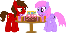 Size: 4089x2084 | Tagged: safe, artist:cyanlightning, oc, oc only, oc:chip, oc:melody notes, species:pegasus, species:pony, .svg available, absurd resolution, birthday cake, cake, candle, duo, female, folded wings, food, lidded eyes, looking at each other, male, mare, present, simple background, smiling, stallion, table, transparent background, vector