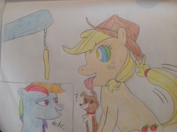 Size: 2592x1936 | Tagged: safe, artist:didgereethebrony, character:applejack, character:rainbow dash, character:winona, species:pony, hypnosis, hypnotized, pendulum swing, tongue out, traditional art