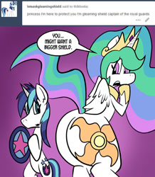 Size: 576x662 | Tagged: safe, artist:pembroke, character:princess celestia, character:shining armor, species:alicorn, species:pony, species:unicorn, ask, bottom heavy, dialogue, duo, gleaming shield, humor, large butt, looking back, open mouth, plot, rule 63, sunbutt, thiklestia, tumblr