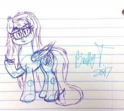 Size: 1704x1517 | Tagged: safe, artist:binkyt11, oc, oc only, oc:nanners, species:bat pony, species:pony, banana, female, food, gel pen, lined paper, looking at you, mare, sketch, solo, traditional art