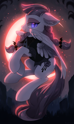 Size: 766x1280 | Tagged: safe, artist:hioshiru, character:inky rose, species:pegasus, species:pony, episode:honest apple, g4, my little pony: friendship is magic, blood moon, crescent moon, fangs, female, flying, looking at you, mare, moon, night, solo, transparent moon, vampire, vampirism, vampony