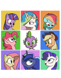 Size: 2250x2850 | Tagged: safe, artist:docwario, character:applejack, character:fluttershy, character:pinkie pie, character:princess celestia, character:princess luna, character:rainbow dash, character:rarity, character:spike, character:twilight sparkle, species:alicorn, species:dragon, species:earth pony, species:pegasus, species:pony, species:unicorn, baby, baby pony, clothing, cowboy hat, crown, cute, female, freckles, hat, jewelry, looking at you, male, mane seven, mane six, mare, regalia, royal sisters, smiling, spikabetes, square, stetson, the brady bunch