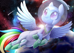 Size: 1654x1181 | Tagged: safe, artist:scarlet-spectrum, character:rainbow dash, species:pegasus, species:pony, astrodash, astronaut, clothing, female, flying, helmet, mare, planet, shooting star, solo, space, space suit, stars, sun