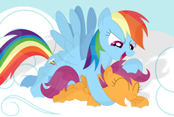 Size: 3518x2385 | Tagged: safe, artist:porygon2z, character:rainbow dash, character:scootaloo, species:pegasus, species:pony, backwards cutie mark, cloud, cute, noogie, scootalove, vector
