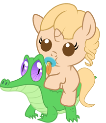 Size: 836x967 | Tagged: safe, artist:red4567, character:gummy, oc, oc:taralicious, species:pony, baby, baby pony, cute, ocbetes, pacifier, ponies riding gators, riding, simple background, tara strong, tarabetes, white background