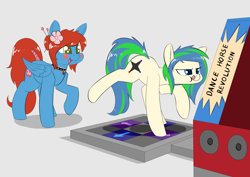Size: 3507x2480 | Tagged: safe, artist:underpable, oc, oc only, oc:ravebounce, oc:sureibu, species:earth pony, species:pegasus, species:pony, choker, commission, cute, dance dance revolution, dancing, female, flower, flower in hair, gray background, mare, ocbetes, raised hoof, raised leg, rhythm game, simple background, smiling, tongue out, video game