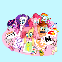 Size: 1000x1000 | Tagged: safe, artist:docwario, character:applejack, character:fluttershy, character:pinkie pie, character:rainbow dash, character:rarity, character:spike, character:twilight sparkle, species:dragon, species:pony, glowing horn, magic, mane seven, mane six, mouth hold, paintbrush, painting, telekinesis