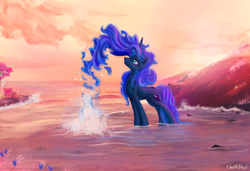 Size: 2500x1705 | Tagged: safe, artist:1deathpony1, artist:kp-shadowsquirrel, edit, character:princess luna, species:alicorn, species:pony, color edit, color porn, colored, ethereal mane, female, solo, splash, water