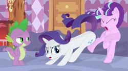 Size: 3507x1949 | Tagged: safe, artist:porygon2z, character:rarity, character:spike, character:starlight glimmer, species:dragon, species:pony, species:unicorn, ship:sparity, abuse, butt bump, butt smash, eyes closed, glimmerbuse, lidded eyes, male, out of character, shipping, shipping denied, smiling, straight, vector