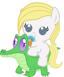 Size: 811x967 | Tagged: safe, artist:red4567, character:gummy, oc, species:pony, ashleigh ball, ashleighbetes, baby, baby pony, cute, ocbetes, pacifier, ponies riding gators, ponified, riding, simple background, white background