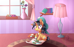 Size: 4200x2712 | Tagged: safe, artist:scarlet-spectrum, character:fresh coat, species:pony, species:unicorn, absurd resolution, backwards ballcap, baseball cap, book, bookshelf, cap, clothing, curtains, cute, female, filly, floppy ears, flower, hat, hoof painting, lamp, lens flare, oversized clothes, paint, paint on fur, painting, paper, smiling, solo, vase, weapons-grade cute, window, younger
