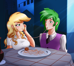 Size: 1281x1146 | Tagged: safe, artist:thebrokencog, character:applejack, character:spike, species:human, ship:applespike, blushing, breasts, busty applejack, clothing, female, food, humanized, lady and the tramp, looking at each other, male, older, older spike, pasta, shipping, smiling, spaghetti, straight