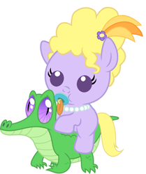 Size: 936x1117 | Tagged: safe, artist:red4567, character:gummy, character:lyrica lilac, species:pony, baby, baby pony, cute, pacifier, ponies riding gators, riding, simple background, white background