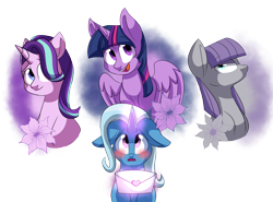 Size: 5220x3854 | Tagged: safe, artist:chub-wub, character:maud pie, character:starlight glimmer, character:trixie, character:twilight sparkle, character:twilight sparkle (alicorn), species:alicorn, species:earth pony, species:pony, species:unicorn, ship:mauxie, ship:startrix, ship:twixie, absurd resolution, blushing, female, flower, glowing horn, lesbian, letter, love letter, mare, shipping, simple background, transparent background
