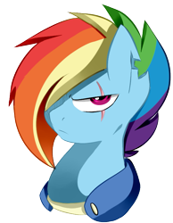 Size: 581x749 | Tagged: safe, artist:chub-wub, character:rainbow dash, species:pegasus, species:pony, alternate hairstyle, alternate timeline, apocalypse dash, bust, crystal war timeline, eye scar, female, hair over one eye, mare, scar, simple background, solo, transparent background
