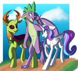 Size: 3024x2756 | Tagged: safe, artist:chub-wub, character:princess flurry heart, character:spike, character:thorax, species:alicorn, species:changeling, species:dragon, species:pony, species:reformed changeling, cute, female, flurrybetes, male, mare, older, one eye closed, spikabetes, thorabetes, winged spike