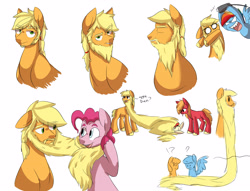 Size: 5100x3900 | Tagged: safe, artist:chub-wub, character:apple bloom, character:applejack, character:big mcintosh, character:pinkie pie, character:rainbow dash, species:earth pony, species:pegasus, species:pony, absurd resolution, applebuck, applejack (male), beard, bubble berry, electric razor, eyes closed, facial hair, impossibly large beard, macareina, male, missing accessory, question mark, rainbow blitz, rule 63, shitposting, simple background, stallion, unshorn fetlocks, white background