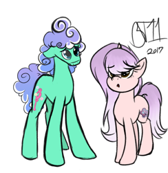 Size: 1580x1622 | Tagged: safe, artist:binkyt11, oc, oc only, oc:bubble trouble, oc:cassandra flora, species:earth pony, species:pony, species:unicorn, duo, female, floppy ears, looking up, male, mare, sad, simple background, stallion, white background