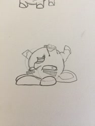 Size: 2448x3264 | Tagged: safe, artist:greyscaleart, character:apple bloom, species:pony, crab pony, eyebrows, faec, female, meme, monochrome, on back, open mouth, solo, traditional art