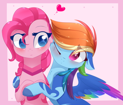 Size: 2623x2232 | Tagged: safe, artist:little-sketches, character:pinkie pie, character:rainbow dash, species:pony, ship:pinkiedash, alternate design, blushing, colored wings, female, floppy ears, heart, high res, lesbian, multicolored wings, one eye closed, shipping