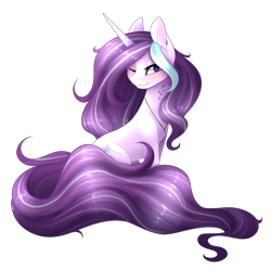 Size: 2572x2548 | Tagged: safe, artist:scarlet-spectrum, oc, oc only, oc:magical brownie, species:pony, species:unicorn, art trade, ear piercing, female, mare, one eye closed, piercing, simple background, sitting, smiling, solo, transparent background, wink